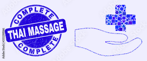 Geometric medical donation hand mosaic pictogram and Complete Thai Massage stamp. Blue vector round scratched seal stamp with Complete Thai Massage title.
