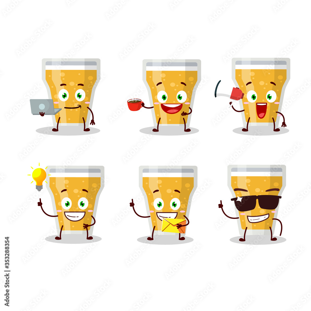 Glass of beer cartoon character with various types of business emoticons