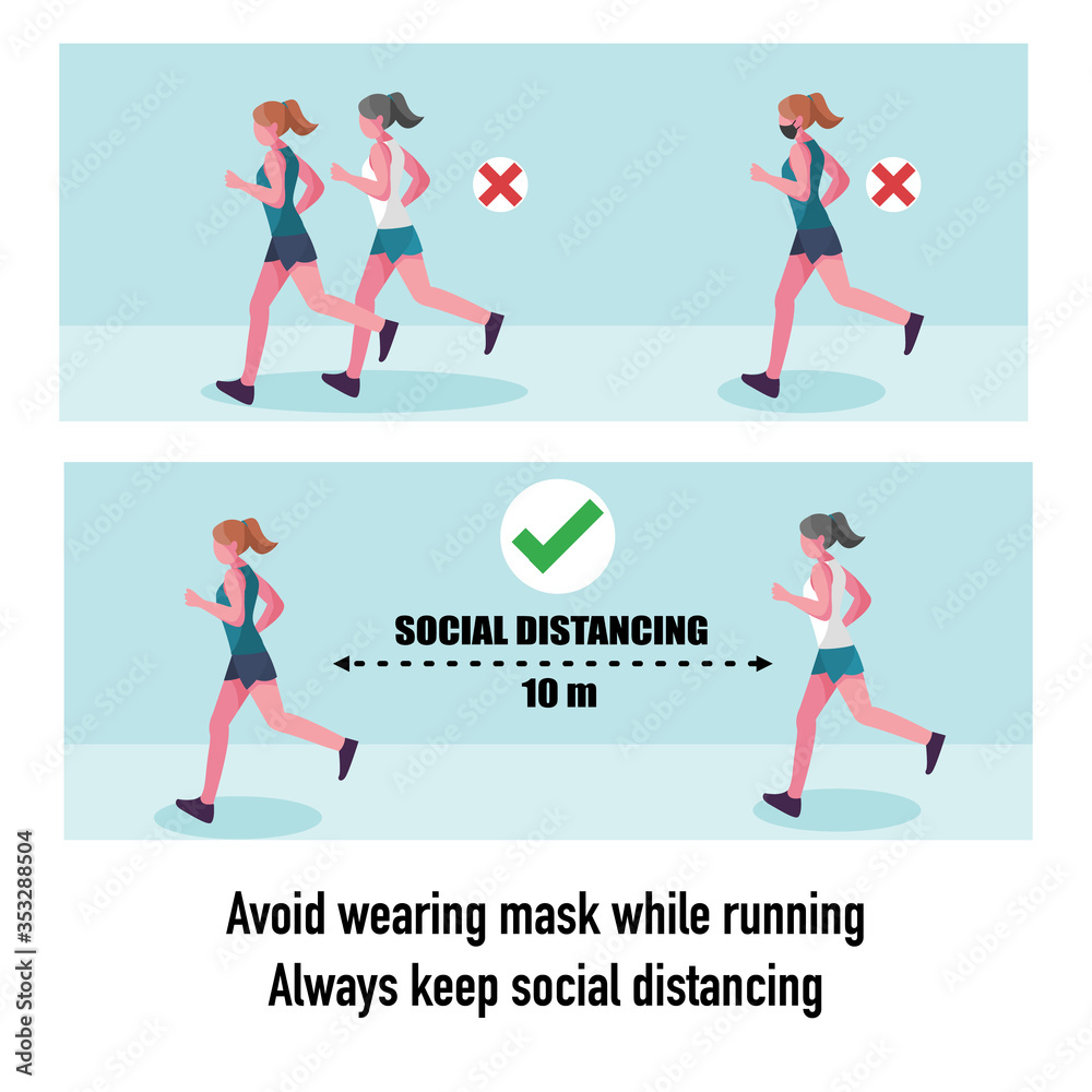 Women running in public area park street keep social distancing and Avoid wearing mask while jogging. New normal and social distancing concept due to Coronavirus covid 19. Flat vector illustration. Women running in public area park street keep social distancing and Avoid wearing mask while jogging. New normal and social distancing concept due to Coronavirus covid 19. Flat vector illustration.