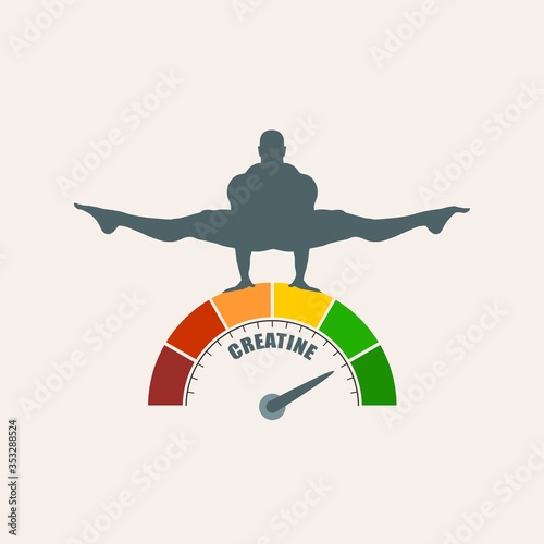 Gradient scale. Creatine level measuring device icon. Sign tachometer, speedometer, indicators. Infographic gauge element. Silhouette of muscular man