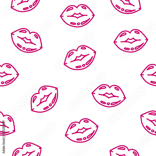 Seamless pattern with kissing red lips in white background. Smooch imprint. Vector illustration in doodle style