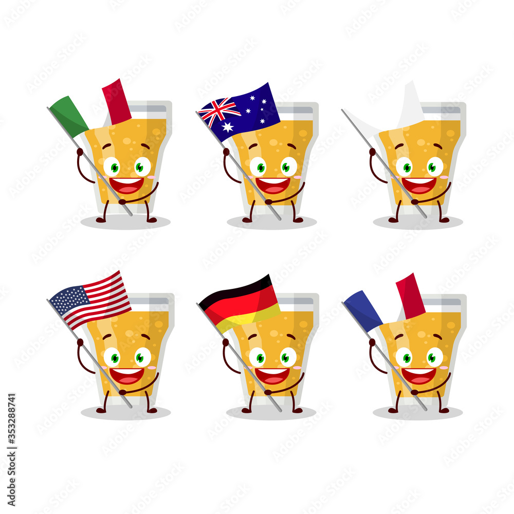 Glass of beer cartoon character bring the flags of various countries Glass of beer cartoon character bring the flags of various countries