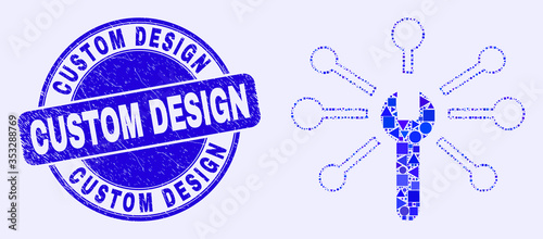 Geometric wrench links mosaic icon and Custom Design seal stamp. Blue vector rounded scratched seal stamp with Custom Design title. Abstract mosaic of wrench links organized of spheric, tringle,