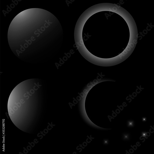 Vector image of an eclipse. Glow of the planet on a black background. Stock Photo.