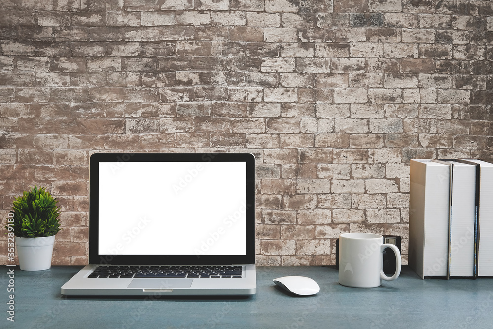 Workspace desk and laptop. copy space and blank screen. Business image, Blank screen laptop and supplies. Workspace desk and laptop. copy space and blank screen. Business image, Blank screen laptop and supplies.
