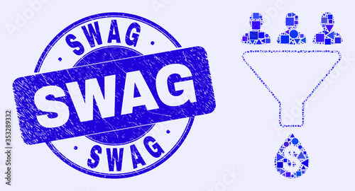 Geometric sales funnel mosaic pictogram and Swag seal. Blue vector round grunge seal stamp with Swag title. Abstract mosaic of sales funnel constructed of circle, triangles, square geometric elements.