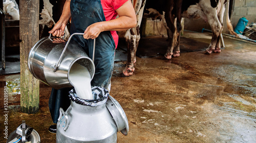 Farmer pouring fresh milk from milk churn container can into another. photo