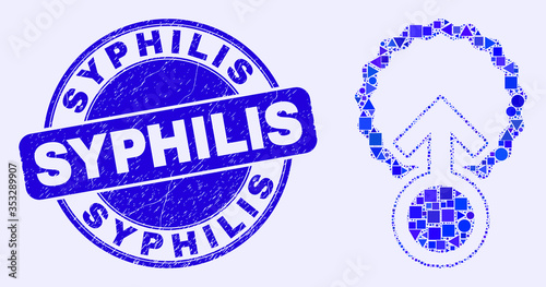 Geometric insemination mosaic icon and Syphilis stamp. Blue vector round grunge seal stamp with Syphilis phrase. Abstract mosaic of insemination combined of round, triangles, square geometric spots.