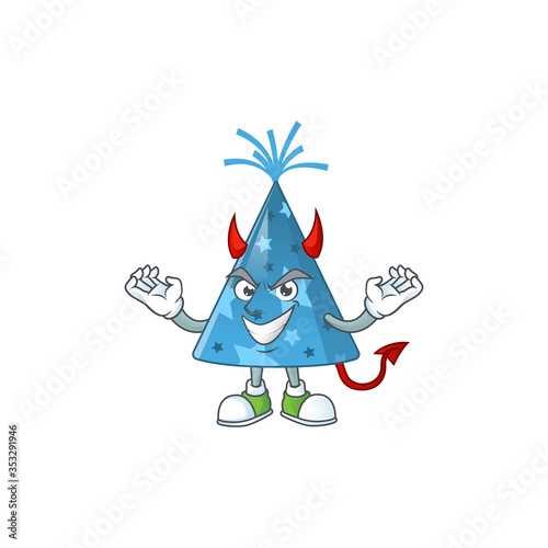 A cartoon image of blue party hat as a devil character