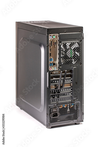 Modern personal computer isolated on white background, back view