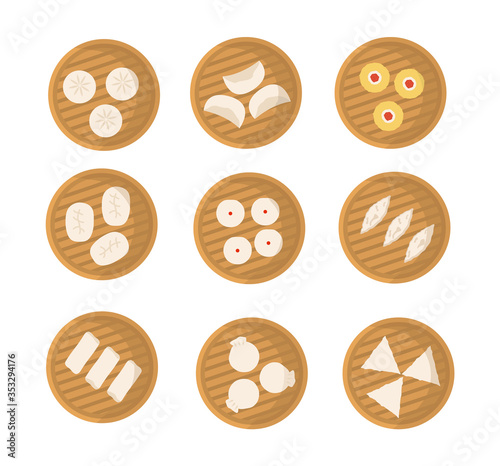 Set of japanese or chinese dumplings in bamboo steamer. Dimsum, Baozi, Bao. Vector flat cartoon illustration. Asian food