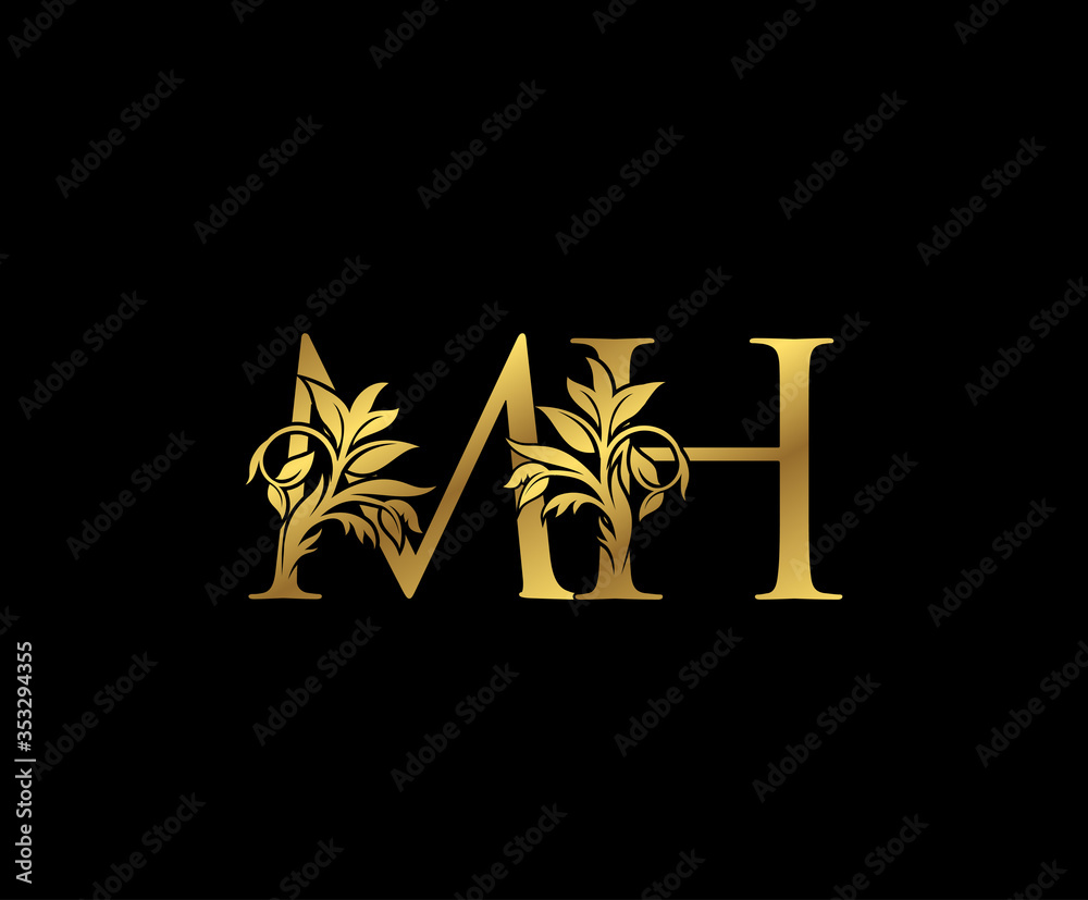 Golden M, H and MH Letter Floral logo. Vintage drawn emblem for book ...