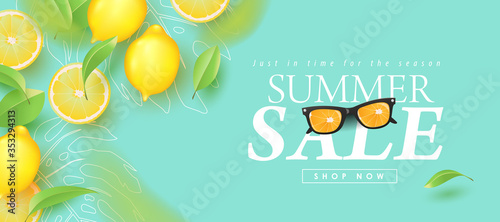 Summer sale design with lemon tropical abstract background layout banners .Vector illustration template.