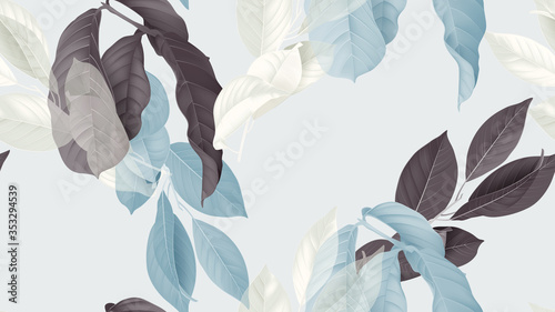 Foliage seamless pattern, various leaves in blue, dark pink and white on bright blue © momosama