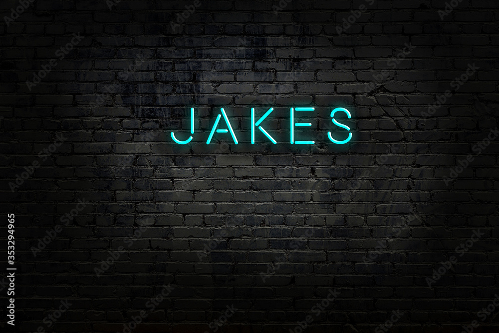 Neon sign with inscription jakes against brick wall - obrazy, fototapety, plakaty 