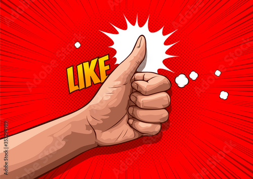 picture of hand showing thumbs up sign, comic style background.