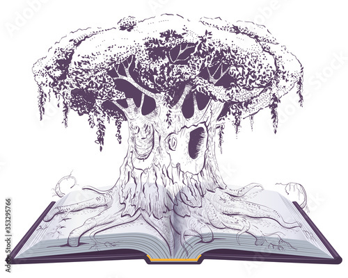 Big old tree of knowledge on open book. Reading education