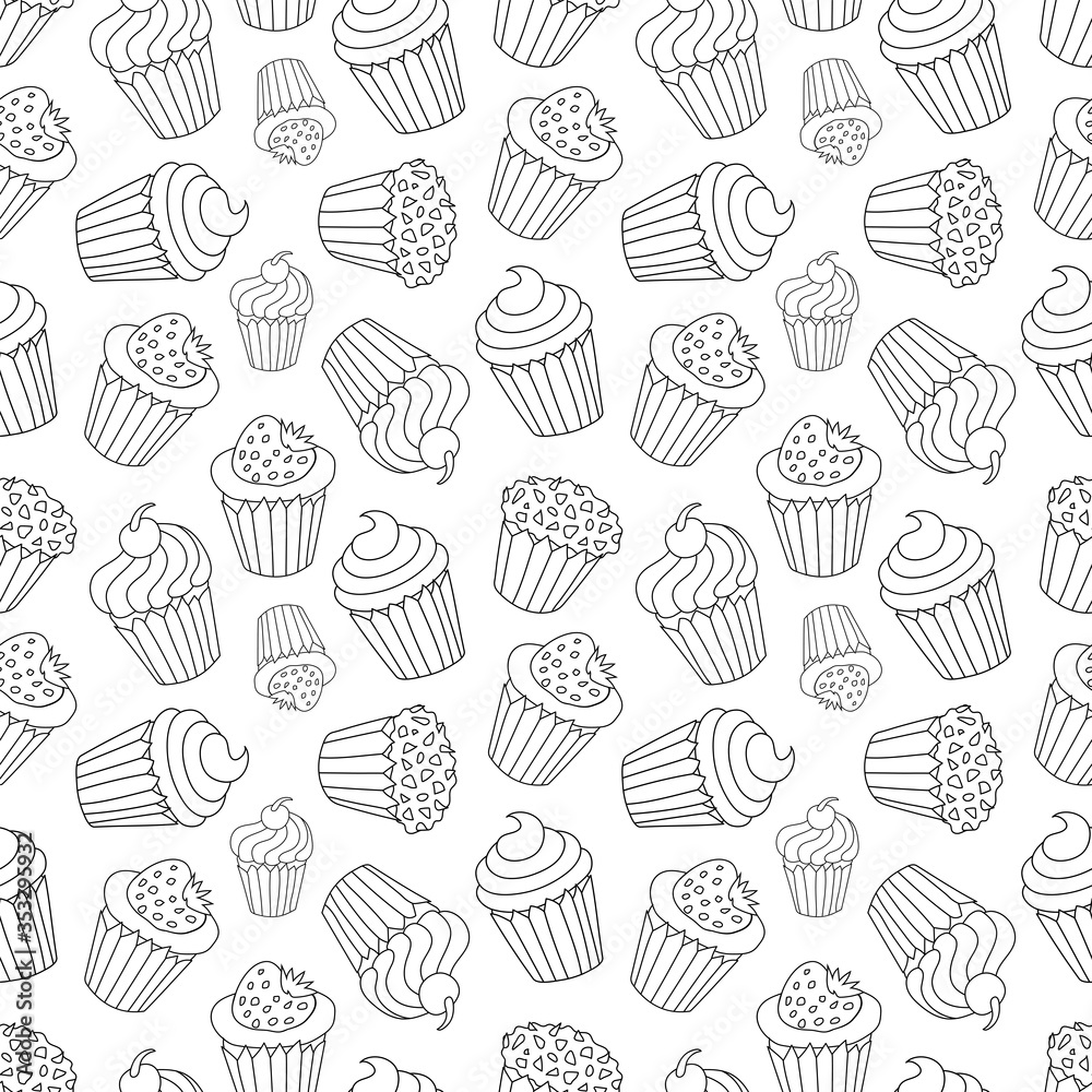Hand drawn seamless pattern with cupcakes, doodle. Vector illustration. EPS 10 Hand drawn seamless pattern with cupcakes, doodle. Vector illustration. EPS 10