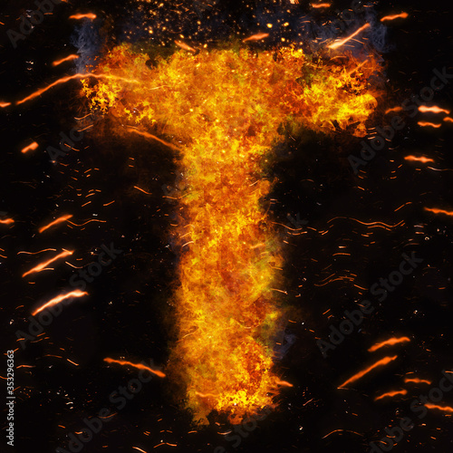 Letter T flame explosion shape with embers and sparks photo