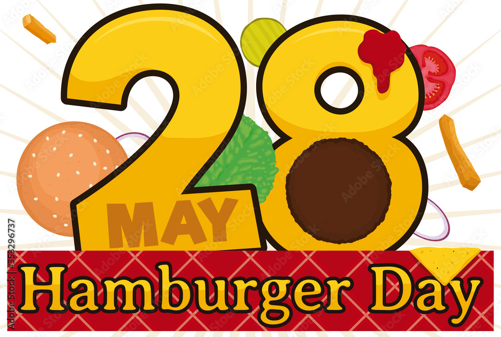 Squared Sign, Burger Ingredients and Reminder to Celebrate Hamburger Day, Vector Illustration Squared Sign, Burger Ingredients and Reminder to Celebrate Hamburger Day, Vector Illustration