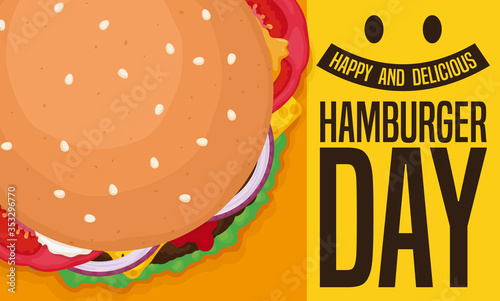 Close View of a Burger and Smiling Sign for Hamburger Day, Vector Illustration