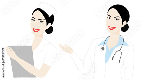 Beautiful smiling doctor and nurse woman vector illustration. Medical people concept background