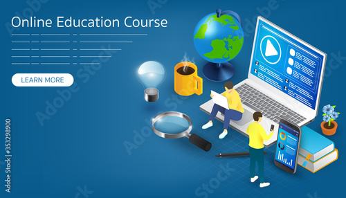 Online Education course Study From Remote Area by Online Application by Various Devices, Coffee, Stylus, White Laptop and Smartphone with Internet Signal Isometric View Vector Graphics Banner Template