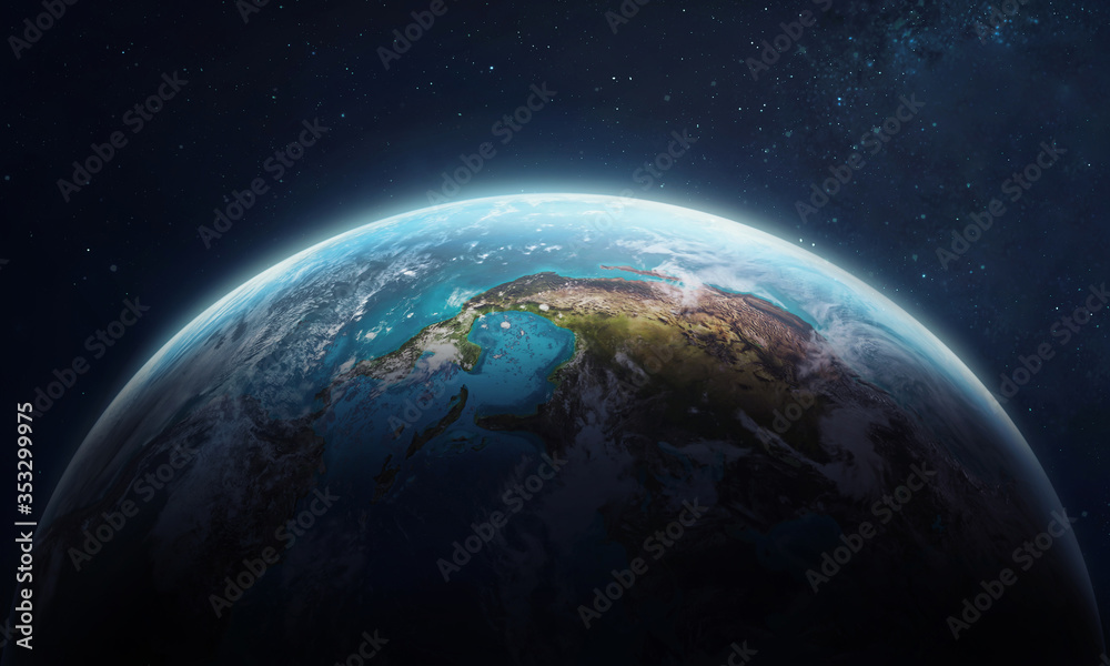 Fototapeta premium Earth planet in space. Blue marble. Orbit and deep space on background. Elements of this image furnished by NASA