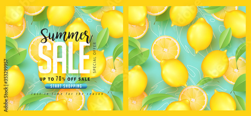 Summer sale design with lemon tropical abstract background layout banners .Vector illustration template.