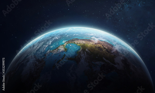 Earth planet in space. Blue marble. Orbit and deep space on background. Elements of this image furnished by NASA