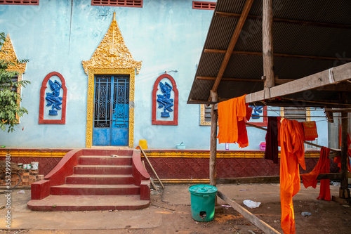 Buddhist tunic  Kesa  inside Wat Hanchey  a Buddhist temple near Kampong Cham city  Cambodia