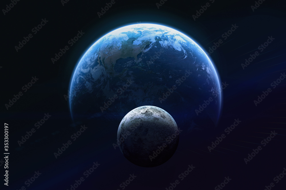 Earth and Moon on dark background. Globe of planet and satellite. Elements of this image furnished by NASA