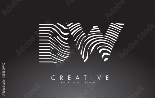 BW B W Letters Logo Design with Fingerprint, black and white wood or Zebra texture on a Black Background.