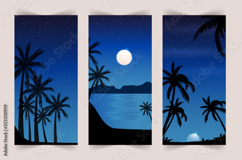 Summer set of mobile background. Colorful sunset on the sea with palm trees and seagulls. Stories template.
