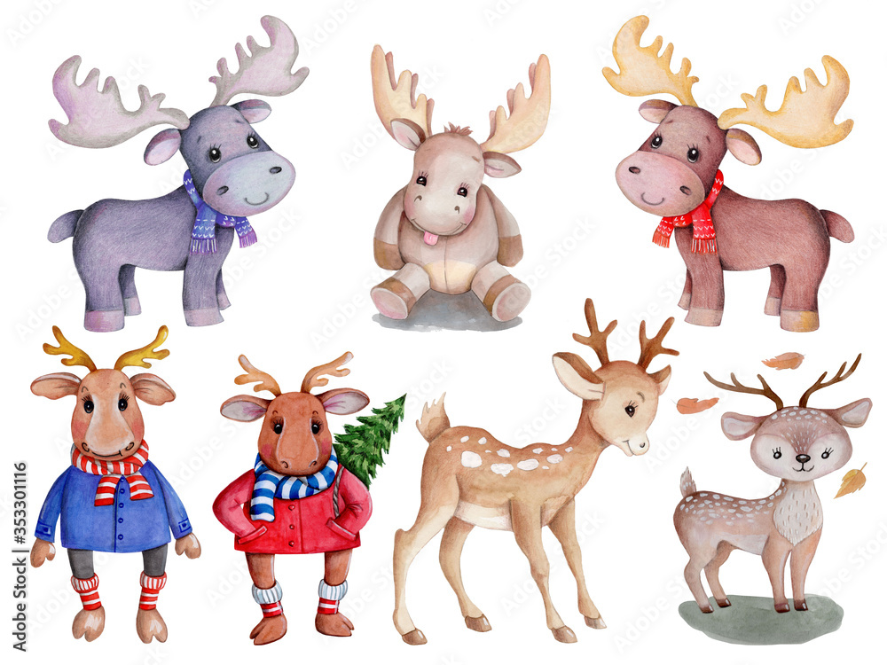 Set of deers. Watercolor hand drawn illustrations, isolated on white background. Set of deers. Watercolor hand drawn illustrations, isolated on white background.
