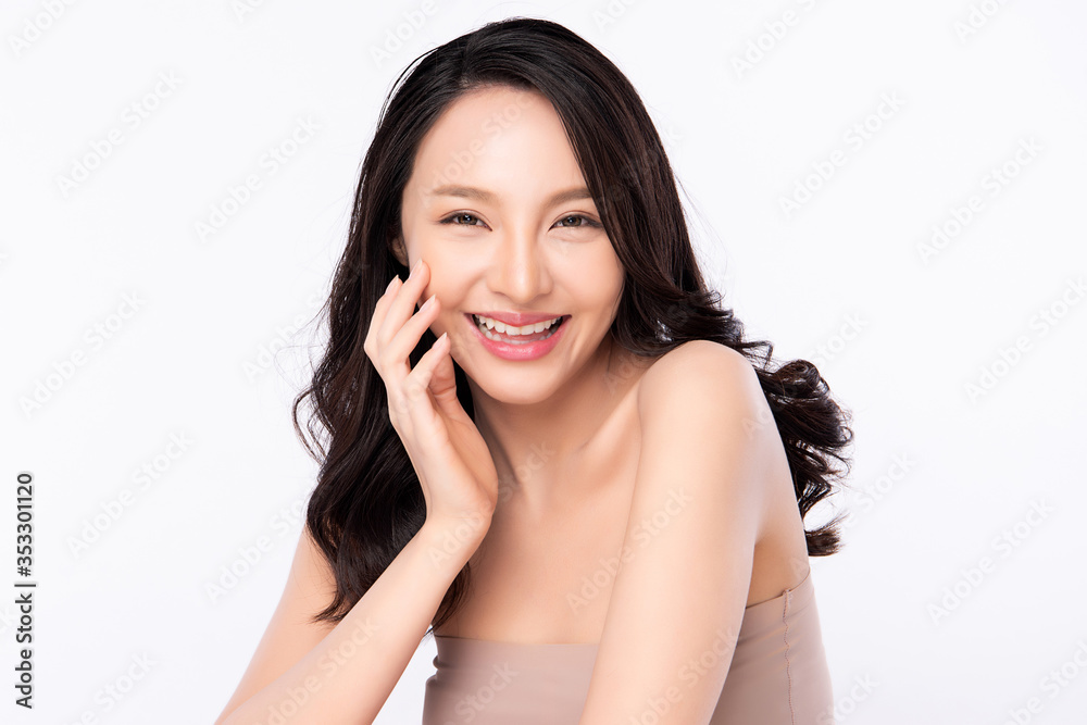 Beautiful Young Asian Woman touching her clean face with fresh Healthy Skin, isolated on white background, Beauty Cosmetics and Facial treatment Concept Beautiful Young Asian Woman touching her clean face with fresh Healthy Skin, isolated on white background, Beauty Cosmetics and Facial treatment Concept