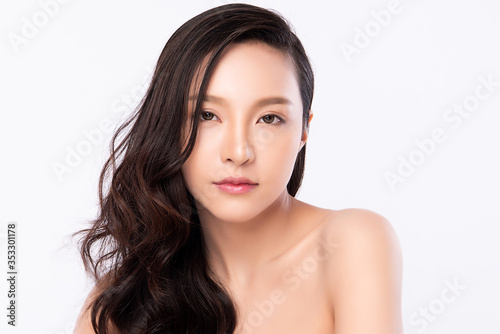 close up Beauty Woman face Portrait, Beautiful Young Asian Woman with Clean Fresh Healthy Skin, Facial treatment. Cosmetology, beauty and spa, isolated on white background