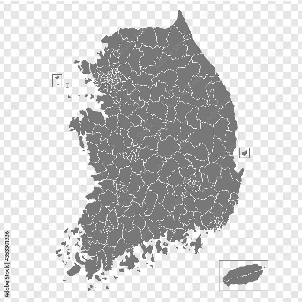 Blank map South Korea. High quality map of  South Korea with  the regiona and districts on transparent background for your web site design, logo, app, UI. Stock vector. Vector illustration EPS10.