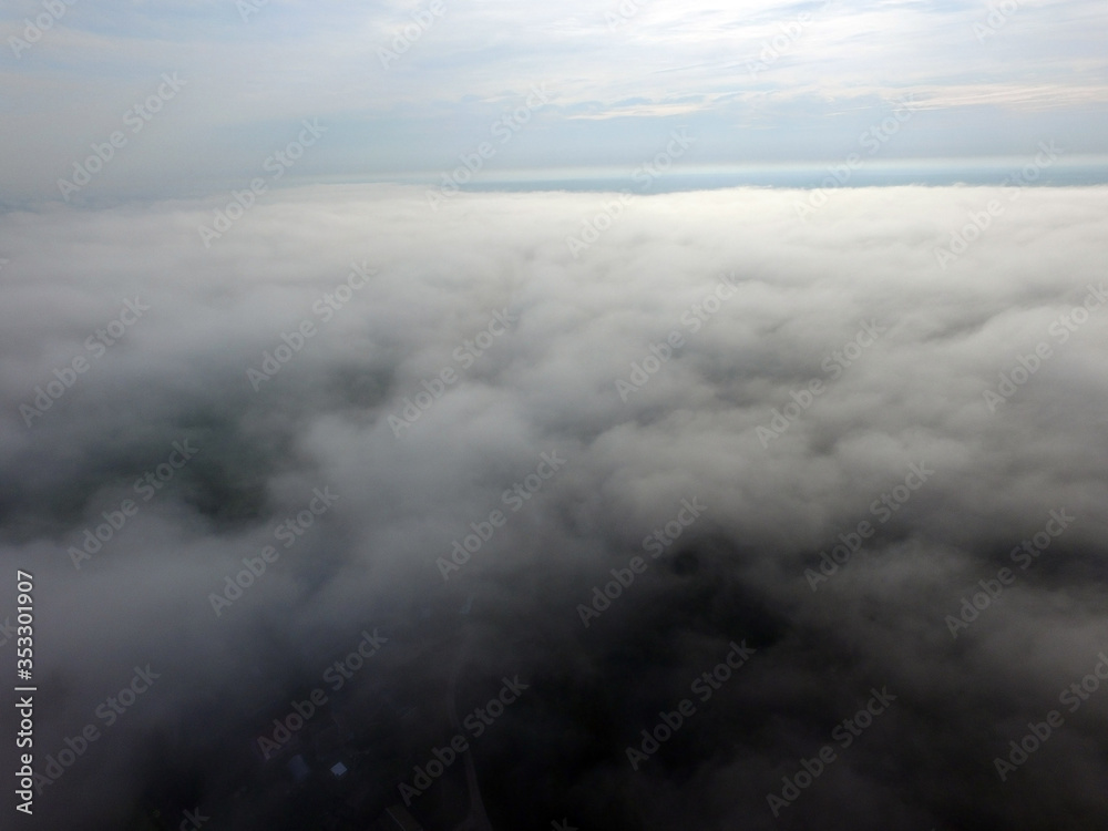 Aerial view of the morning fog (drone image). Near Kiev