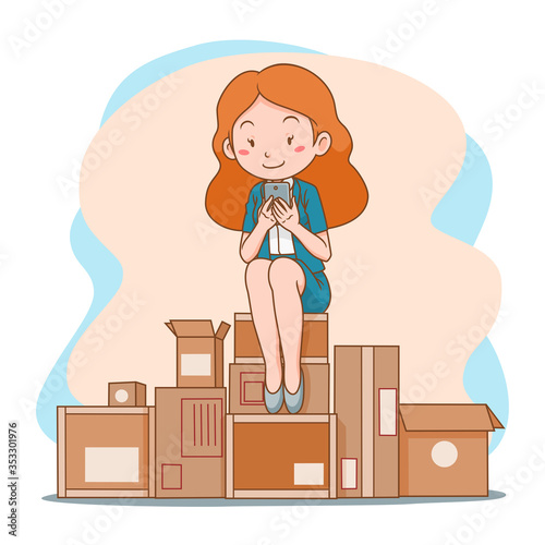 Cartoon illustration of business woman shopping online with mobile phone, sitting on pile of mail boxes.