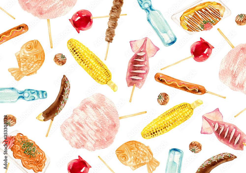 縁日 屋台 食べ物 背景 テキスタイル 水彩 イラスト Ilustracion De Stock Adobe Stock