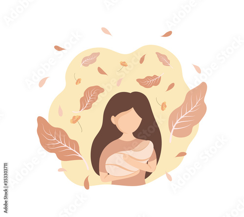 Woman holding kid in arms on leaves and flower pattern background. Mother s day greeting card design.