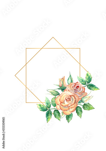 Gold geometric frame decorated with flowers. Peach roses, green leaves, open ...