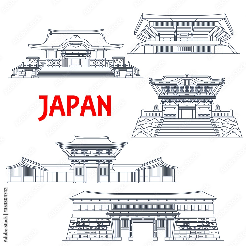 Japanese travel landmarks with vector thin line buildings of religion and sport. Shinto Shrines of Meiji Jingu, Hanazono and Kunozan Toshogu, Nippon Budokan arena and Otemon Gate of Kochi Castle