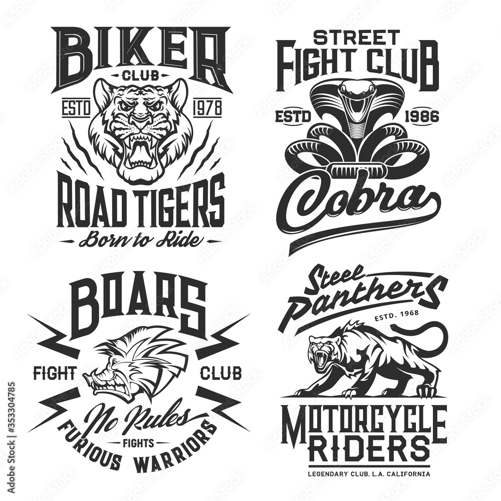 Tiger, panther, cobra and boar t-shirt print mockup with vector wild animals and snake. Biker or motorcycle riders and fight club custom apparel of martial art and motor race sport design