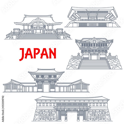 Japanese travel landmarks with vector thin line buildings of religion and sport. Shinto Shrines of Meiji Jingu, Hanazono and Kunozan Toshogu, Nippon Budokan arena and Otemon Gate of Kochi Castle photo
