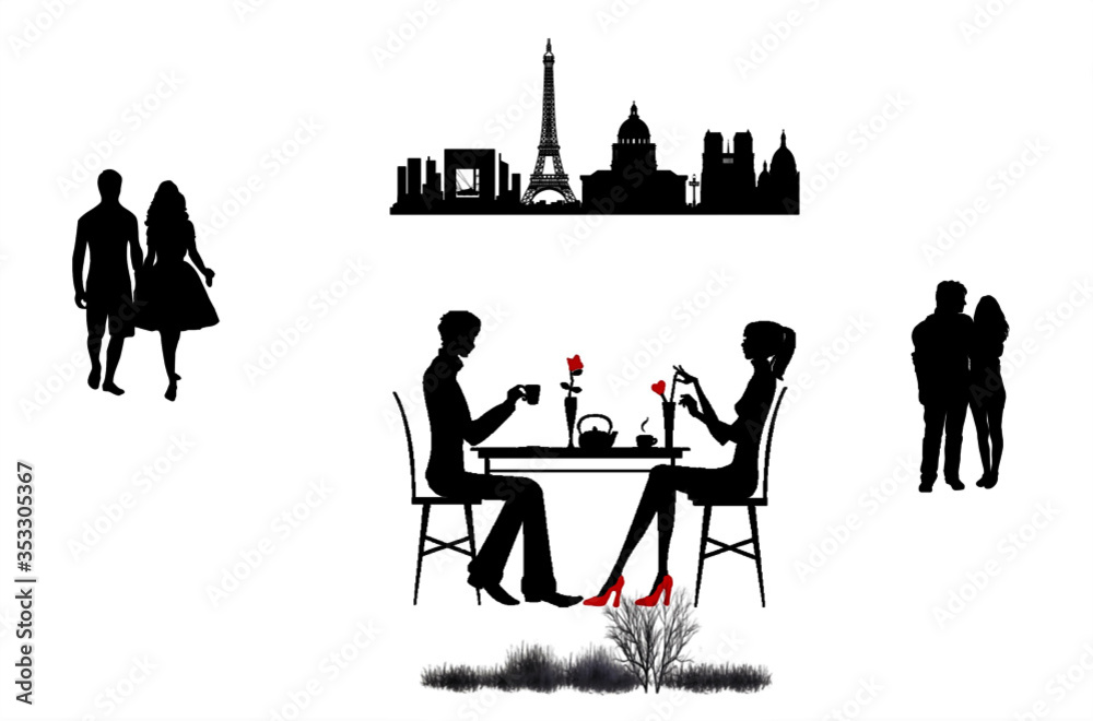 vector illustration of silhouettes of a man and a woman in a cafe in an open site