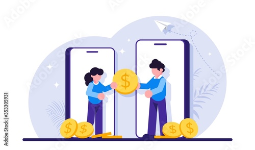 Concept of secure mobile payment, money transfer service, transaction or donation. People and smartphones pass a giant coin. Modern flat vector illustration.