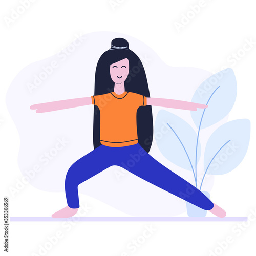 Woman doing fitness exercise, yoga, pilates, sport classes. Hand drawn flat vector illustration isolated on white background.