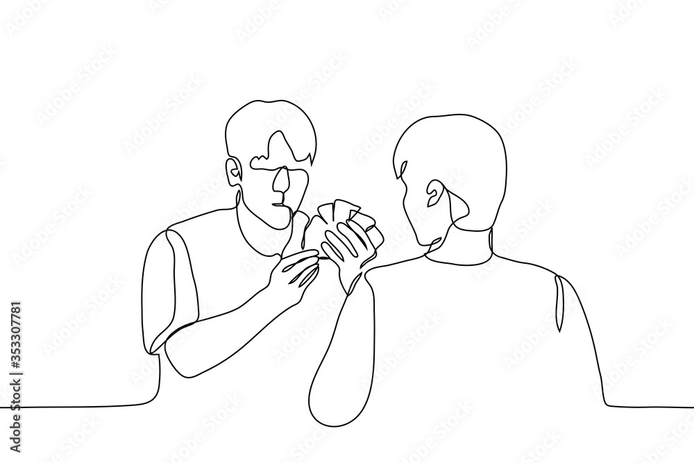 Two men with playing cards. Drawing of two men, one of which holds several cards. Card game, sports excitement, betting, intellectual competition, entertainment at home Two men with playing cards. Drawing of two men, one of which holds several cards. Card game, sports excitement, betting, intellectual competition, entertainment at home